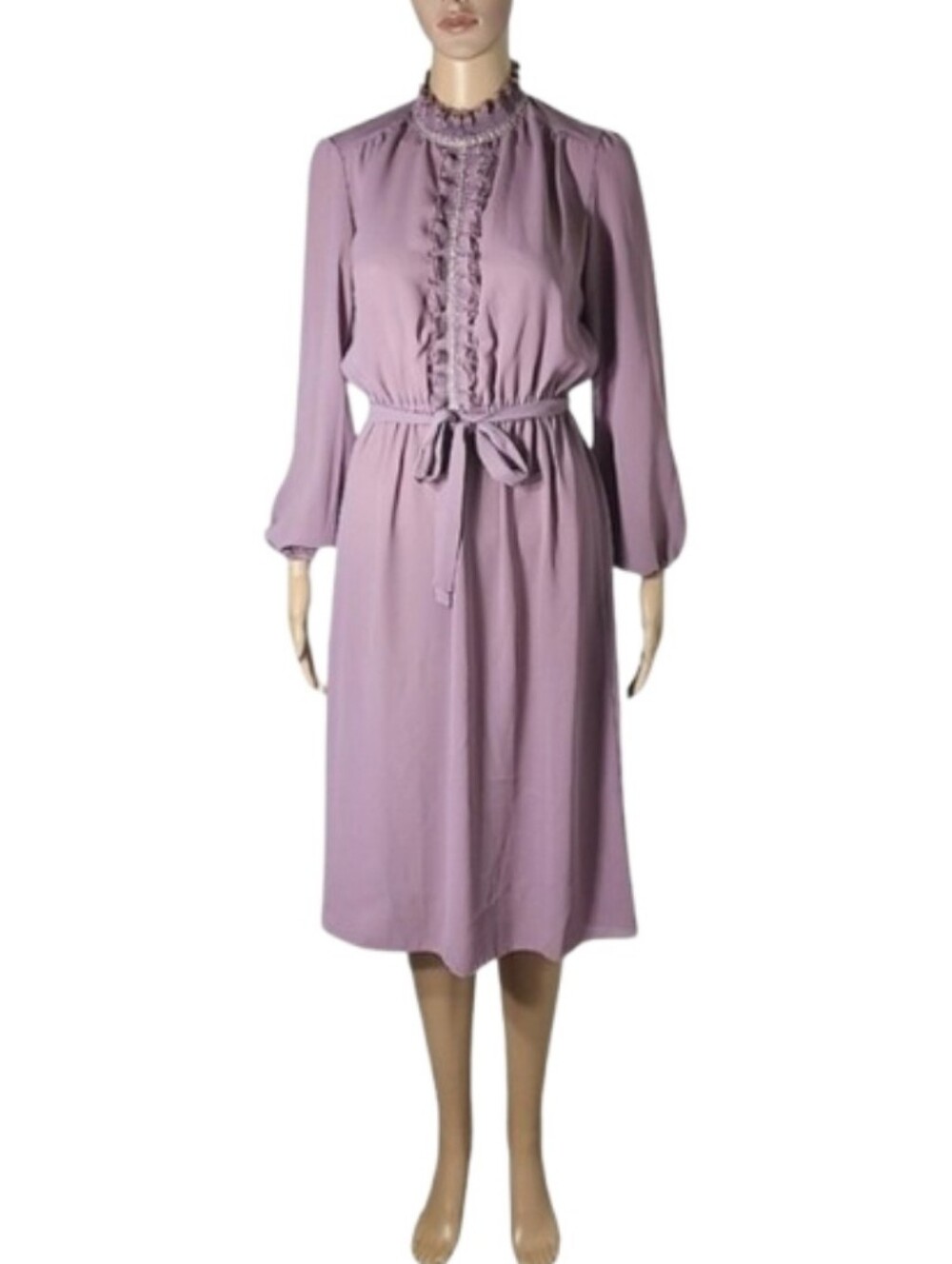 Vintage 70s Sears Lilac Pleated Midi Dress Long Sleeve Cottagecore Dress 9/10